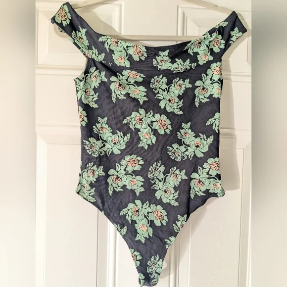 Intimately Free People So Much Floral Black Teal Off Shoulder Bodysuit - Picture 11 of 12